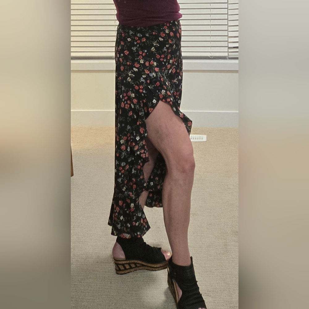 Floral Black Midi Skirt Hi/Low Hem
